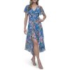 Women's Short Flutter Sleeve V-Neck High Low Hem Ruffle Dress