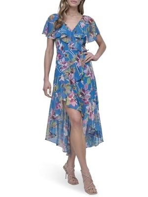 Women's Short Flutter Sleeve V-Neck High Low Hem Ruffle Dress