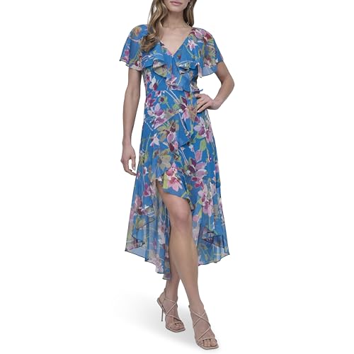 Women's Short Flutter Sleeve V-Neck High Low Hem Ruffle Dress