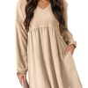 Womens Fall Dresses 2025 Casual V-Neck Long Sleeve Empire Waist Waffle Knit Mini Dress with Pockets
