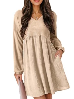 Womens Fall Dresses 2025 Casual V-Neck Long Sleeve Empire Waist Waffle Knit Mini Dress with Pockets