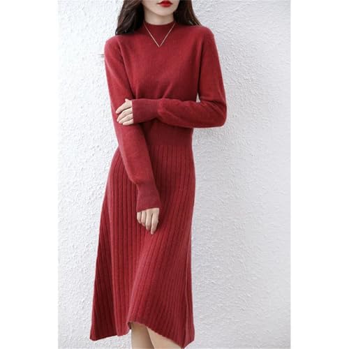 Women's Wool Mock Neck Pullover Dress Merino Wool Knit Slim A-Line Striped Long Sweater Dress