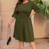 Women's Plus Size Dresses Casual 3/4 Ruffle Sleeve Crew Neck Twist Knot Wrap Slit Hem Dress with 1 Pocket