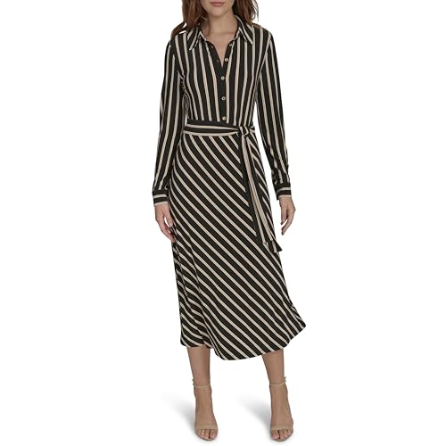 Women's Long Sleeve Collared Self Tie Midi Shirtdress