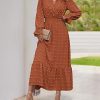 Women Fall Maxi Dresses 2025 Long Sleeve V Neck Swiss Dots High Waisted A-Line Ruffle Boho Long Dress Vacation