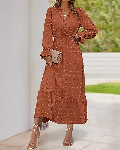 Women Fall Maxi Dresses 2025 Long Sleeve V Neck Swiss Dots High Waisted A-Line Ruffle Boho Long Dress Vacation