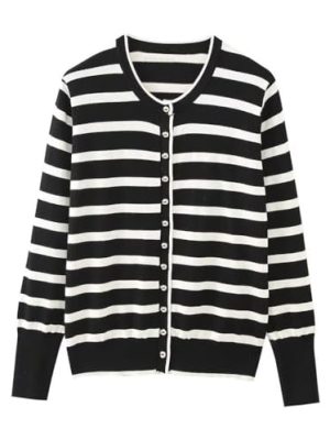 Women's Fall and Winter Single-Breasted V-Neck Striped Color Clashing Knitwear