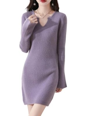 - Wool Sweater Dress Women's Trumpet Sleeve Slim Tight Knitted V Neck Pullover Fall Winter Mid-Long Tops
