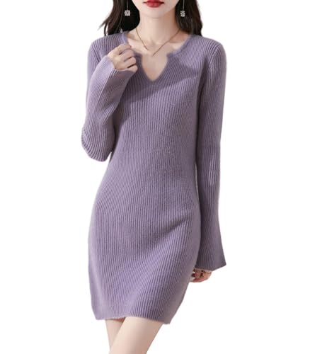 - Wool Sweater Dress Women's Trumpet Sleeve Slim Tight Knitted V Neck Pullover Fall Winter Mid-Long Tops