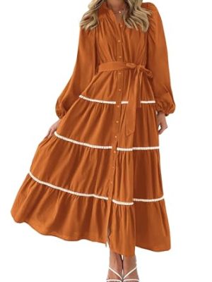 Womens Casual Dresses Loose Belted Long Lantern Sleeve Tiered Button Down Maxi Shirt Dress with Pockets
