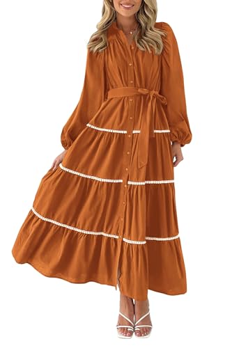 Womens Casual Dresses Loose Belted Long Lantern Sleeve Tiered Button Down Maxi Shirt Dress with Pockets