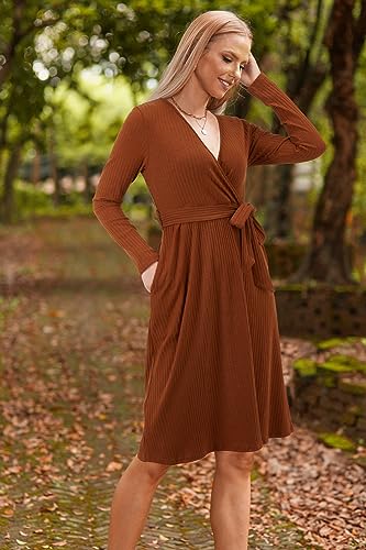 Womens 2025 Fall Dresses Teacher Church Business Casual Work Outfits Knit Midi Sweater Pockets Belt Dress