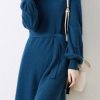 Women's Puff Sleeve Merino Wool Mock Neck Pullover Long Sweater Cashmere Dress for Fall Winter