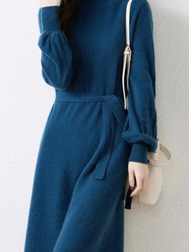Women's Puff Sleeve Merino Wool Mock Neck Pullover Long Sweater Cashmere Dress for Fall Winter