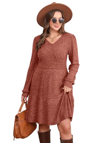 Womens V Neck Long Sleeve Fall Dresses Baby Doll Casual Sweater Dress Fashion Clothes