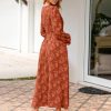 Womens Boho Floral Long Sleeve Maxi Dress V Neck Empire Waist Fall Wedding Guest Dresses with Pockets