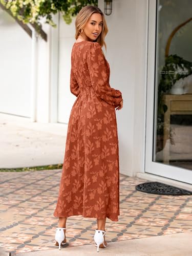Womens Boho Floral Long Sleeve Maxi Dress V Neck Empire Waist Fall Wedding Guest Dresses with Pockets