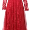Women Long Solid Party Dress V-Neck Long Sleeve Mesh Dress Embroidery Elastic-Waist Dresses(Red,XX-L)