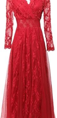 Women Long Solid Party Dress V-Neck Long Sleeve Mesh Dress Embroidery Elastic-Waist Dresses(Red,XX-L)