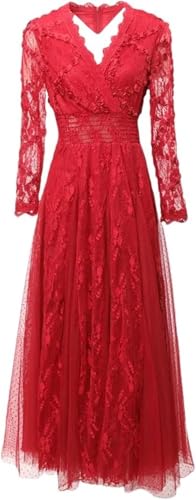 Women Long Solid Party Dress V-Neck Long Sleeve Mesh Dress Embroidery Elastic-Waist Dresses(Red,XX-L)