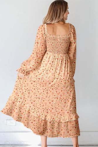 Boho Dresses for Women 2025 Casual Floral Square Neck Long Sleeve Smocked Elastic Waist Tiered Ruffle Hem Maxi Dress