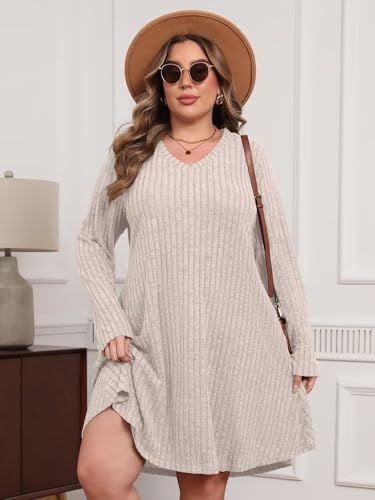 Plus Size Sweater Dress for Women Tshirt Fall Dresses Winter V Neck Long Sleeve Pockets Casual Party Loose Fit