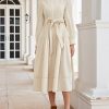 Women's Fall Winter Corduroy Maxi Dress Casual Long Sleeve Ruffle Mock Neck Flowy Vintage Dresses