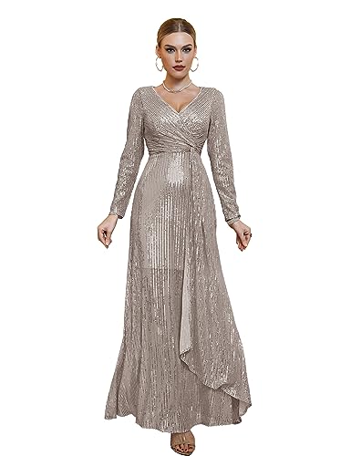 Long Sleeve Sequin Dress for Women Formal Gowns Sparkly V Neck Maxi Dress