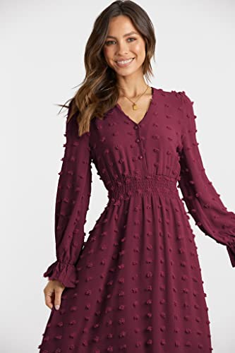 Women Maxi Dress 2025 Fall Long Sleeve V Neck Swiss Dot Boho Smocked High Waisted A-Line Tiered Flowy Long Dresses
