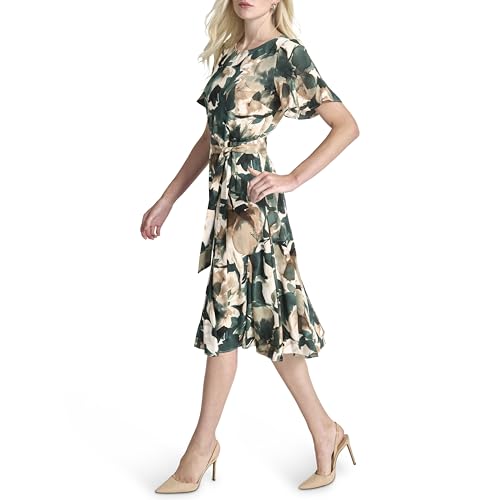 Womens Flutter Sleeve Round Neck Waist Tie Midi Dress