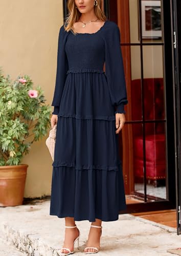 Fall Dresses for Women 2025 Long Sleeve Smocked Square Neck Swiss Dot Tiered Flowy Wedding Guest Maxi Dress