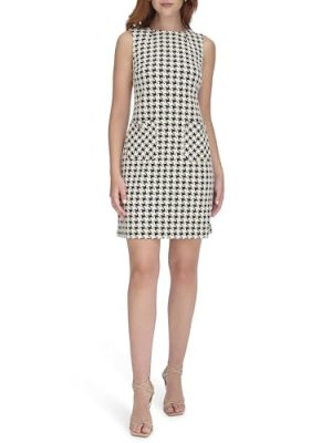 Womens Sleeveless Boat Neck Textured Knit Shift Mini Dress