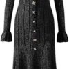 Women V-Neck Stretch Knit Long Sleeve Bodycon Dress Ruffled Hem Fishtail Irregular Button Elegant Outfit