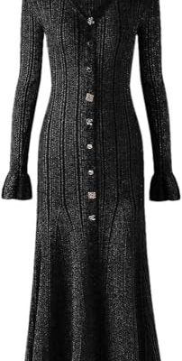 Women V-Neck Stretch Knit Long Sleeve Bodycon Dress Ruffled Hem Fishtail Irregular Button Elegant Outfit
