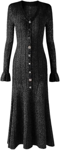 Women V-Neck Stretch Knit Long Sleeve Bodycon Dress Ruffled Hem Fishtail Irregular Button Elegant Outfit
