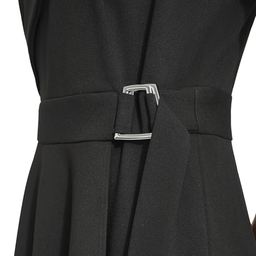 Women's Sleeveless V-Neck Buckle Belt Faux Wrap Midi Dress
