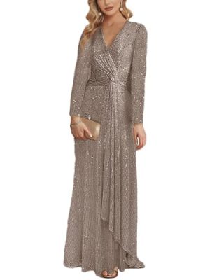 Long Sleeve Sequin Dress for Women Formal Gowns Sparkly V Neck Maxi Dress