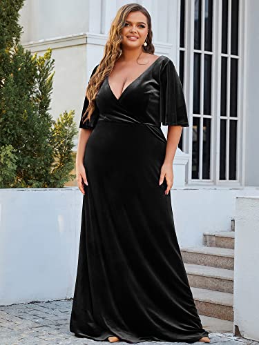 Women's Retro V-Neck Ruffles Sleeves A-line Velvet Maxi Winter Plus Size Formal Dress 00861-DA