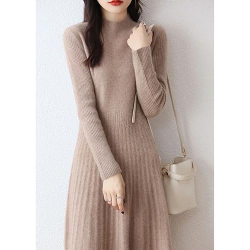 Womens Fashion Half High Collar Pure Wool Slim Fit Solid Color Bottom Fashion A Line Knitted Dress