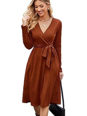Womens 2025 Fall Dresses Teacher Church Business Casual Work Outfits Knit Midi Sweater Pockets Belt Dress