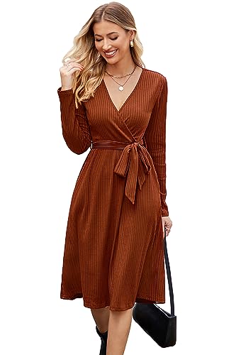 Womens 2025 Fall Dresses Teacher Church Business Casual Work Outfits Knit Midi Sweater Pockets Belt Dress