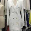 Women's Tassel Shift Dress – V-Neck Metallic Button, Black White Event Gown