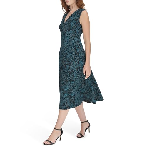 Women's Sleeveless V Neck Fit and Flare Midi Dress