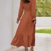 Women Fall Maxi Dresses 2025 Long Sleeve V Neck Swiss Dots High Waisted A-Line Ruffle Boho Long Dress Vacation