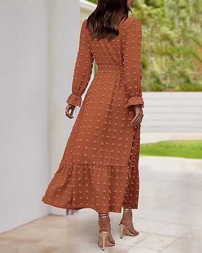 Women Fall Maxi Dresses 2025 Long Sleeve V Neck Swiss Dots High Waisted A-Line Ruffle Boho Long Dress Vacation