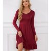 Women Casual Long Sleeve Knee Length Dresses Round Neck Pleated Fall Dress with Pockets 2024