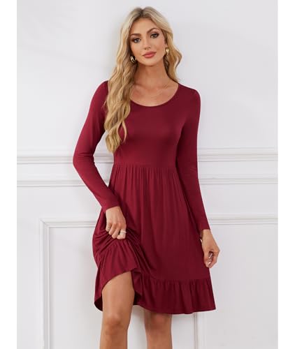 Women Casual Long Sleeve Knee Length Dresses Round Neck Pleated Fall Dress with Pockets 2024