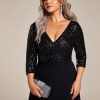 Women's Plus Size V-Neck Sparkle Sequins Chiffon 3/4 Sleevess Formal Dresses 0751-PZ
