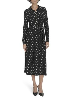 Women's Long Sleeves Collared Dot Jersey Shirtdress