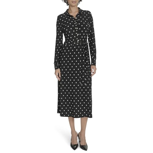 Women's Long Sleeves Collared Dot Jersey Shirtdress